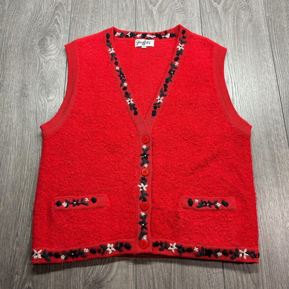 Vintage Graffiti Red Wool Floral Embroidered Small Knit Vest Cardigan 1980s